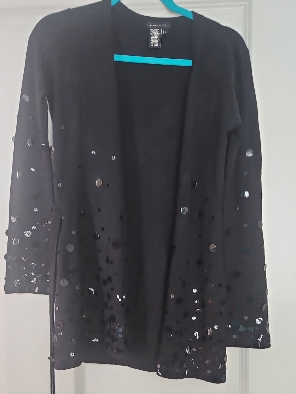 BCBG Max Azria Black Sequin Paillette Belted Open Cardigan S